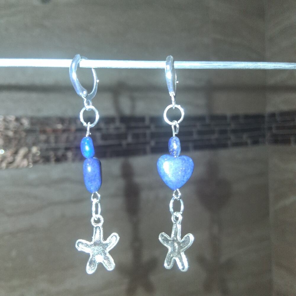 Adorable Lapis Lazuli Heart Starfish Silver Circle Hook Dangle Earrings Jewelry